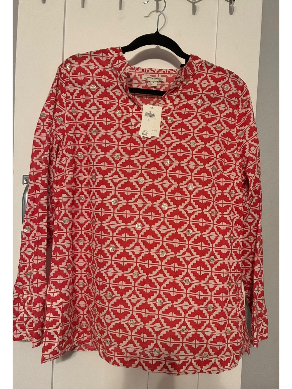 NWT Banana Republic Red & White Geometric Sequin Tunic Top Size XL